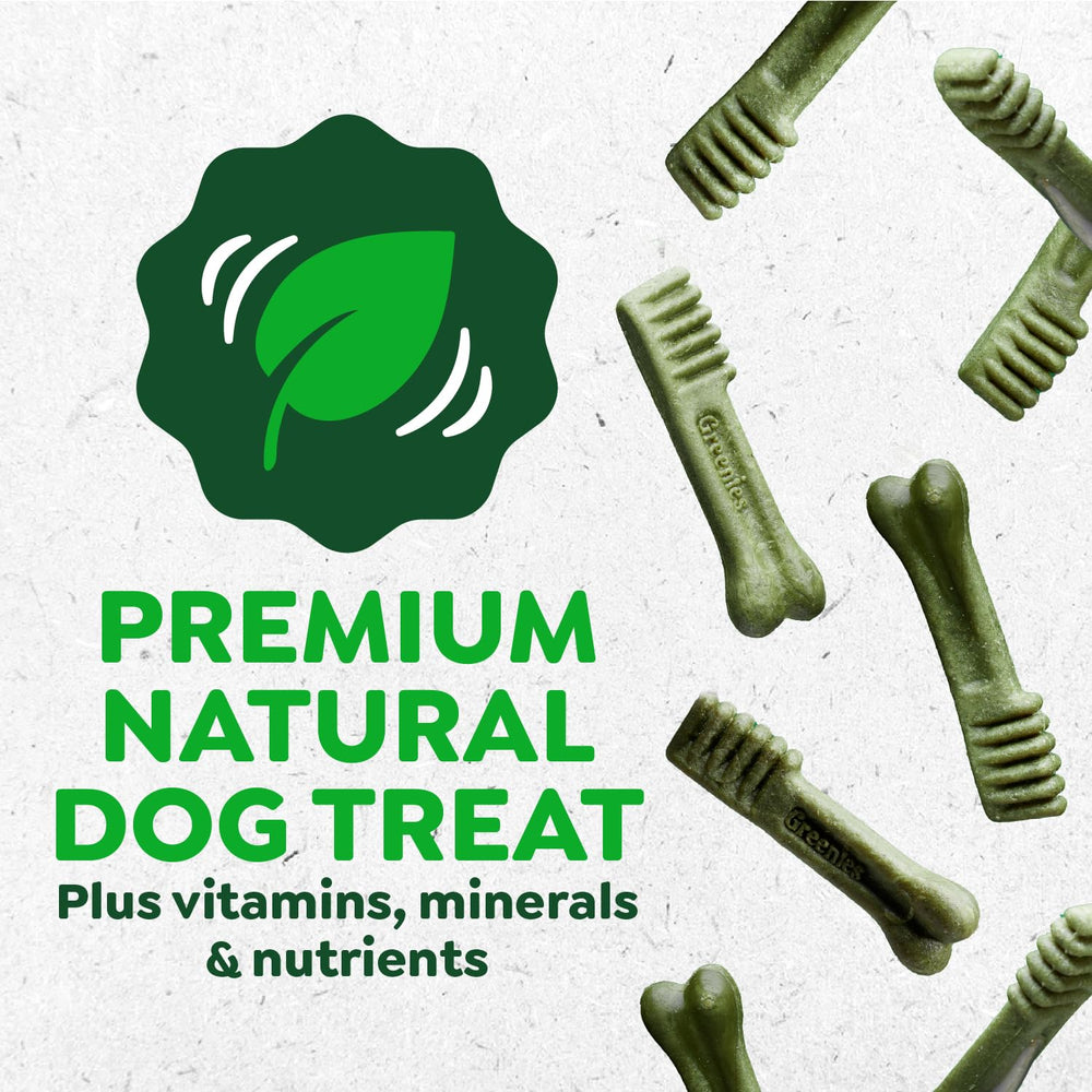 Greenies original dental treats packaging back reveals ingredients and vet-recommended benefits.