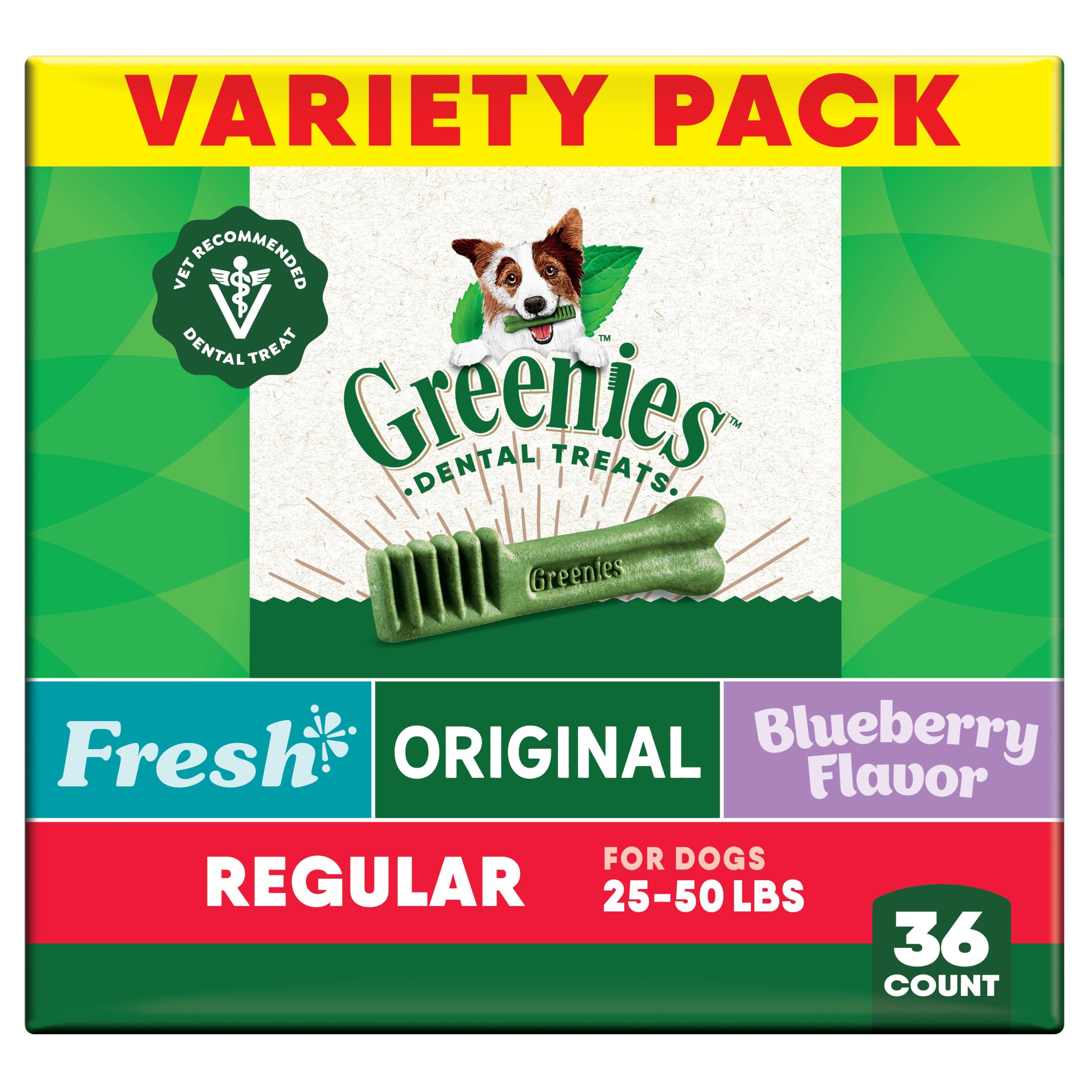 Greenies original flavor packaging showcases vet-recommended dental care for dogs.