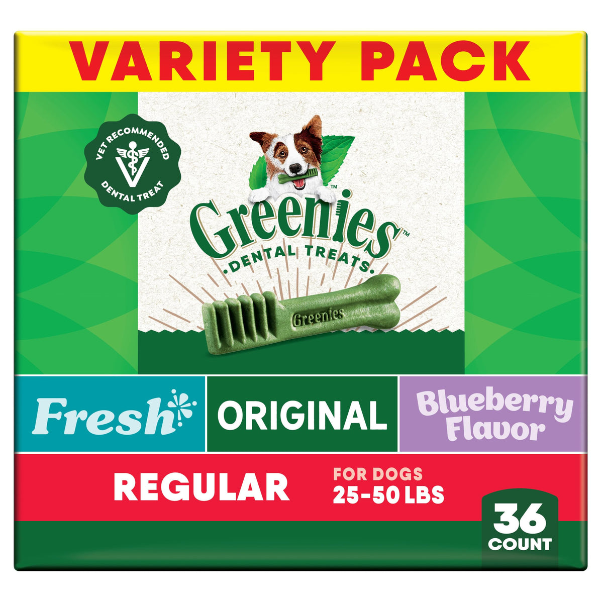 Greenies original flavor packaging showcases vet-recommended dental care for dogs.