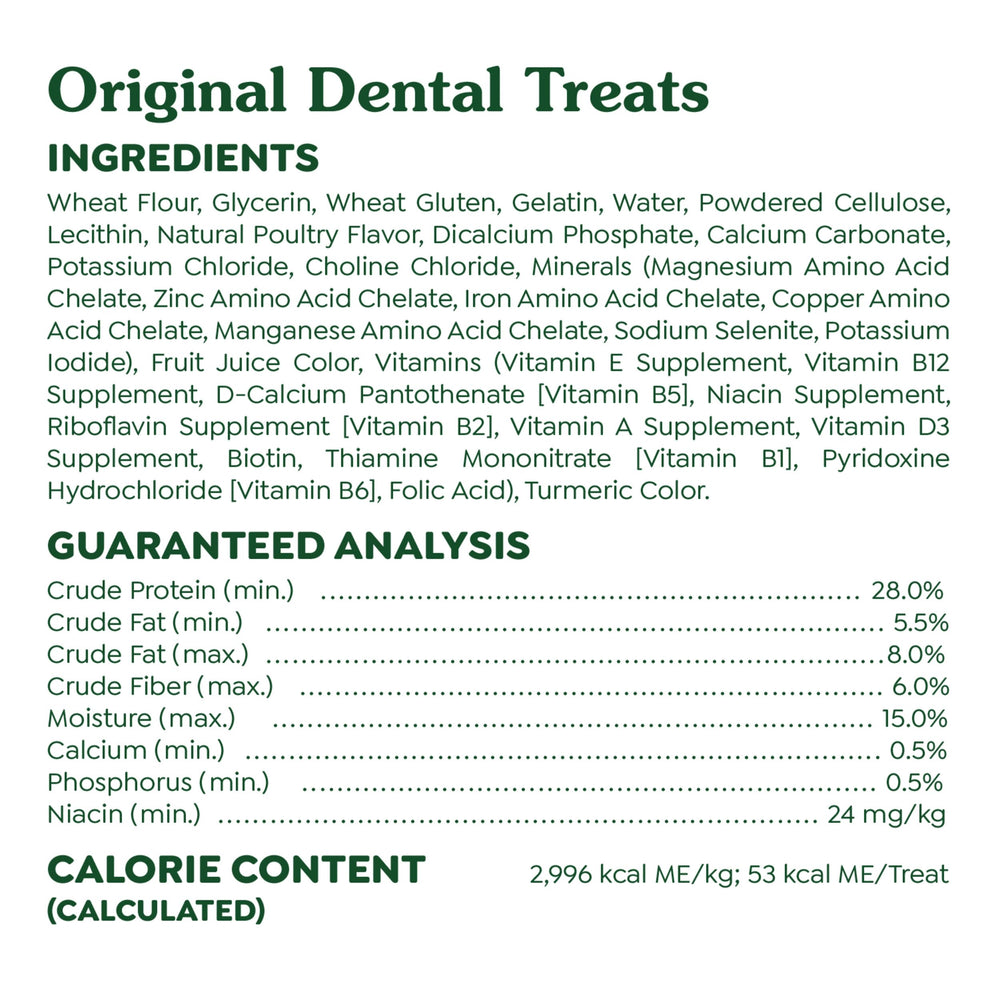 Greenies Original Large Dental Treats bag-open emphasizing highly soluble ingredients for easy digestion