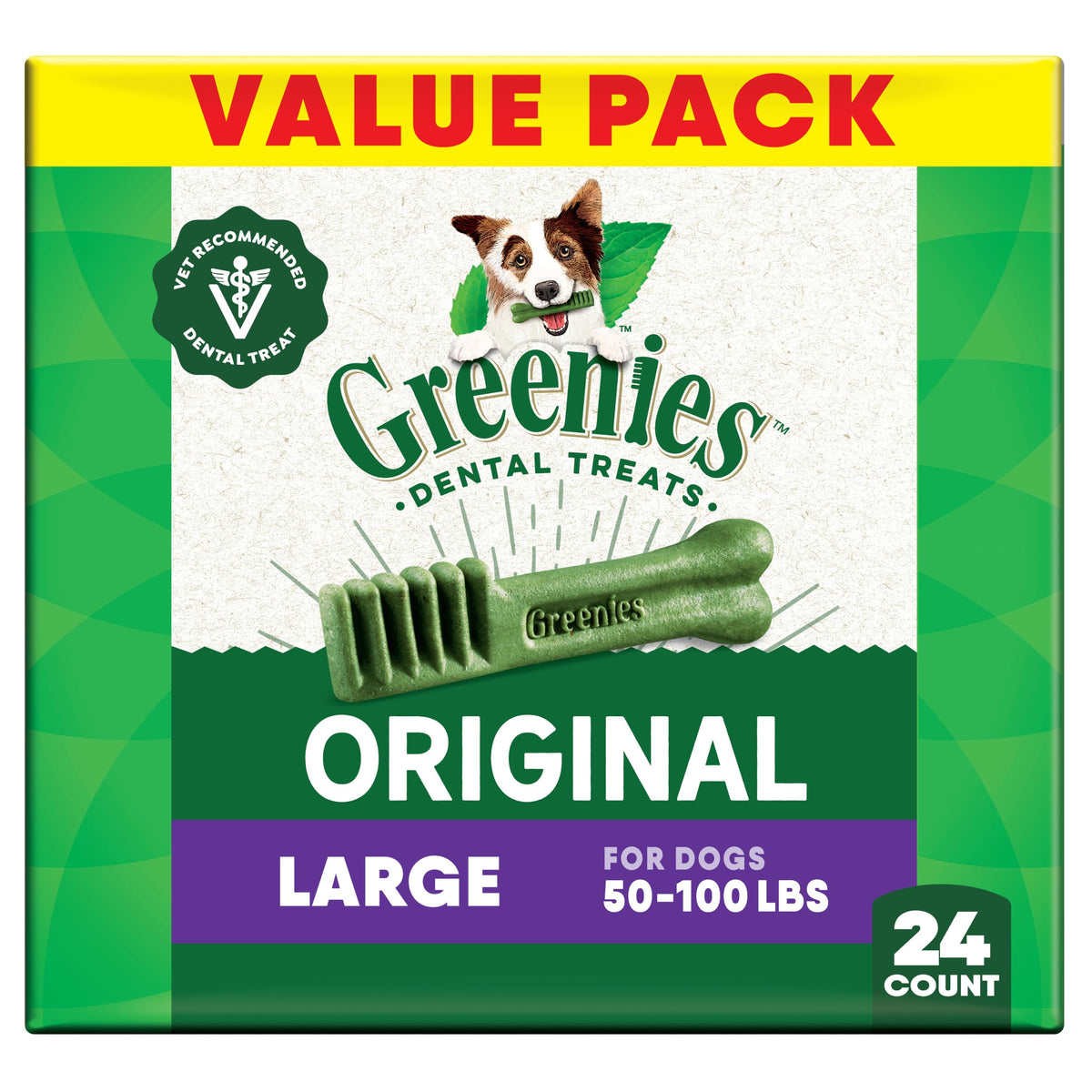Greenies Original Large Dental Treats pack shown, supports daily oral care for dogs.