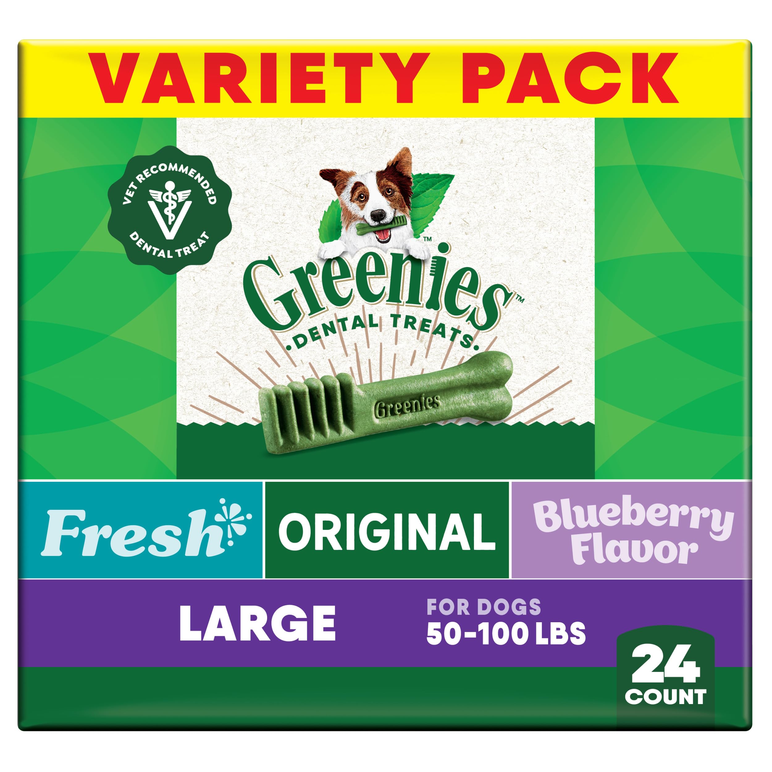 Greenies original dental treats pack front—vet-recommended daily dental care.