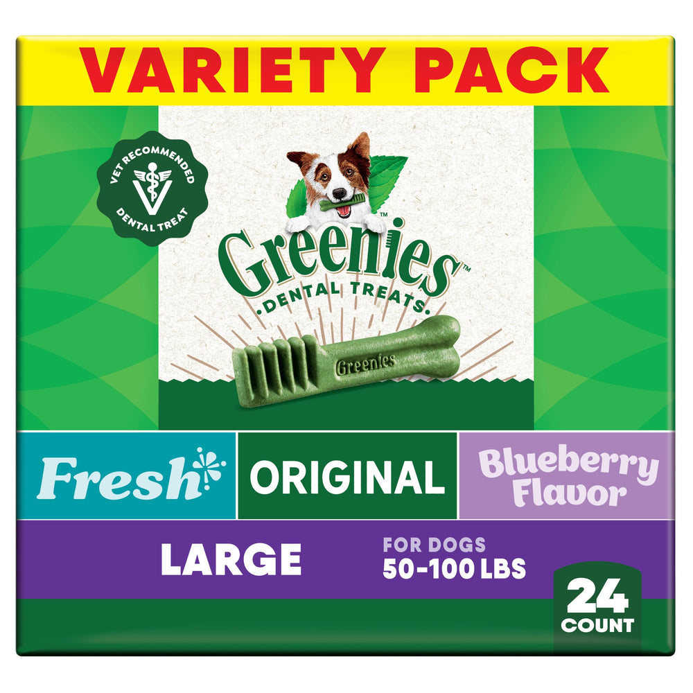 Greenies original dental treats pack front—vet-recommended daily dental care.