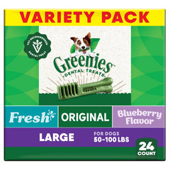 Greenies original dental treats pack front—vet-recommended daily dental care.