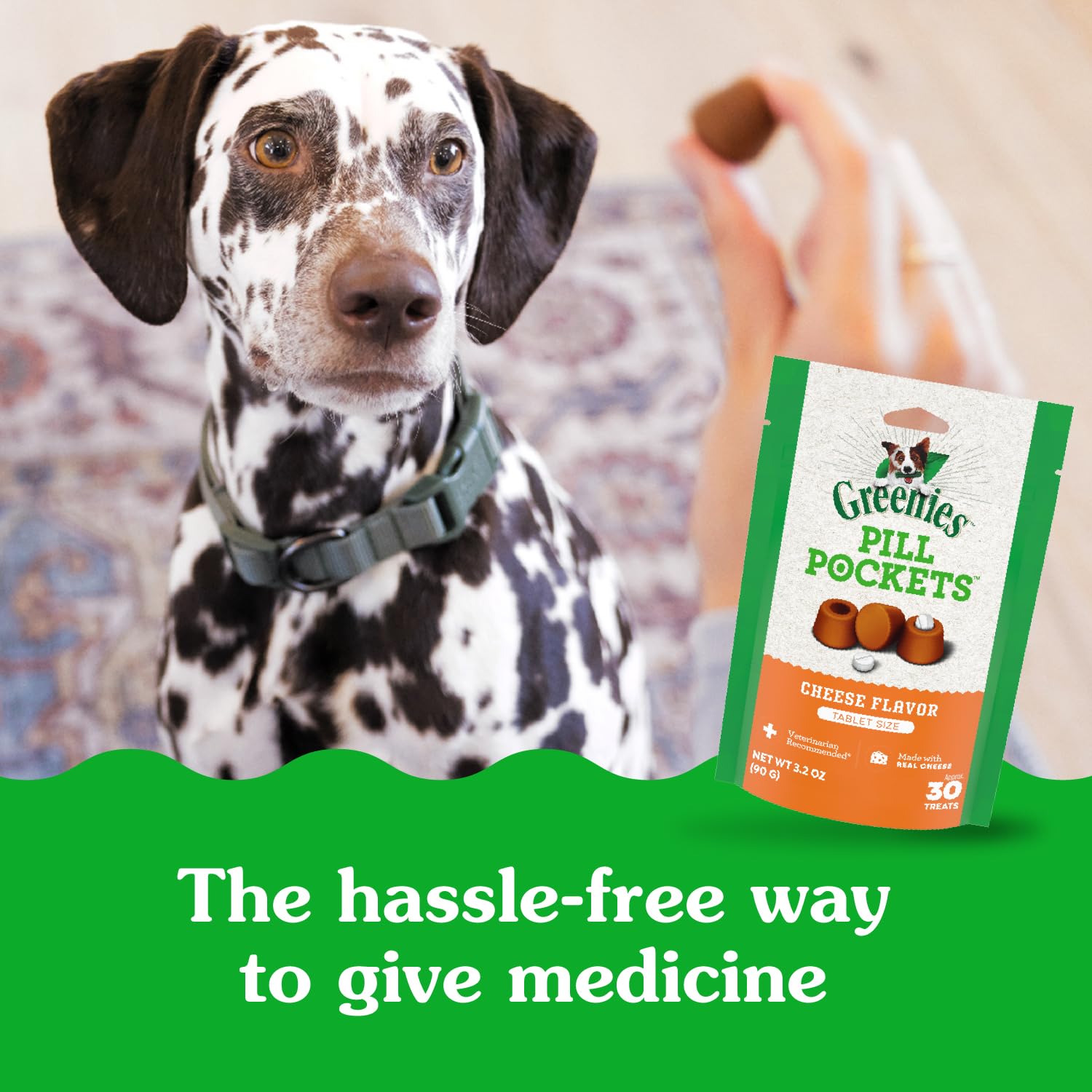 Greenies Pill Pockets Cheese small dog serving shows easy use.