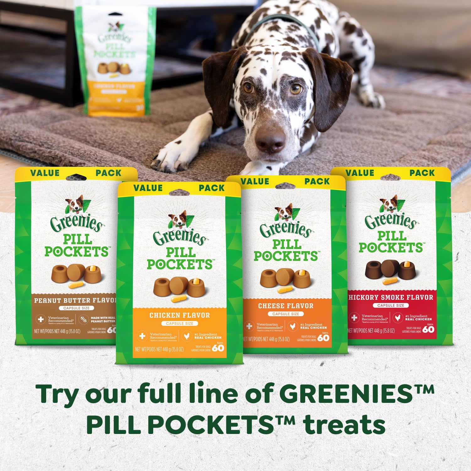Greenies Pill Pockets easy-dosing shows ready-to-serve pill time
