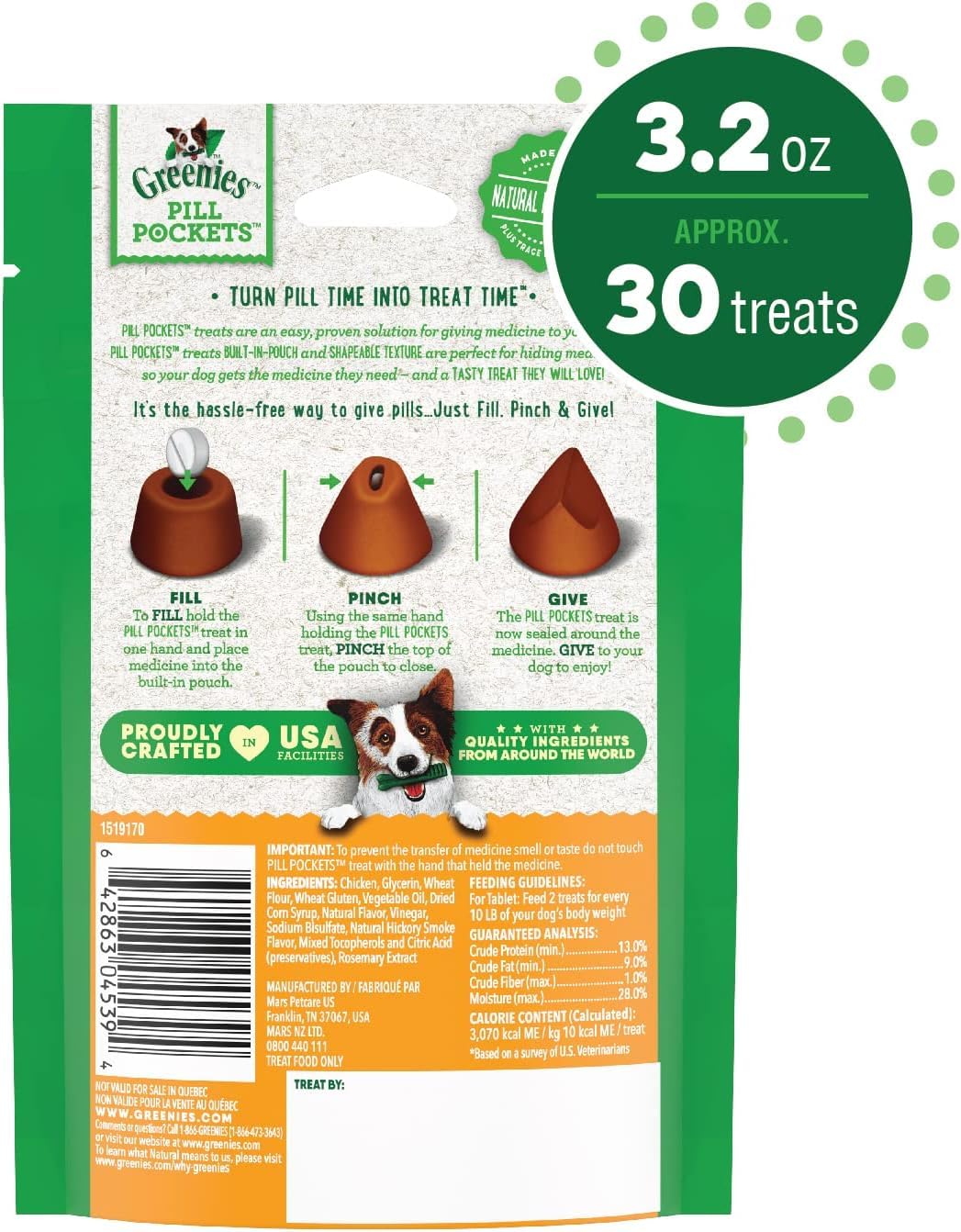 Greenies Pill Pockets chicken flavor masks taste and smell of meds in dogs.
