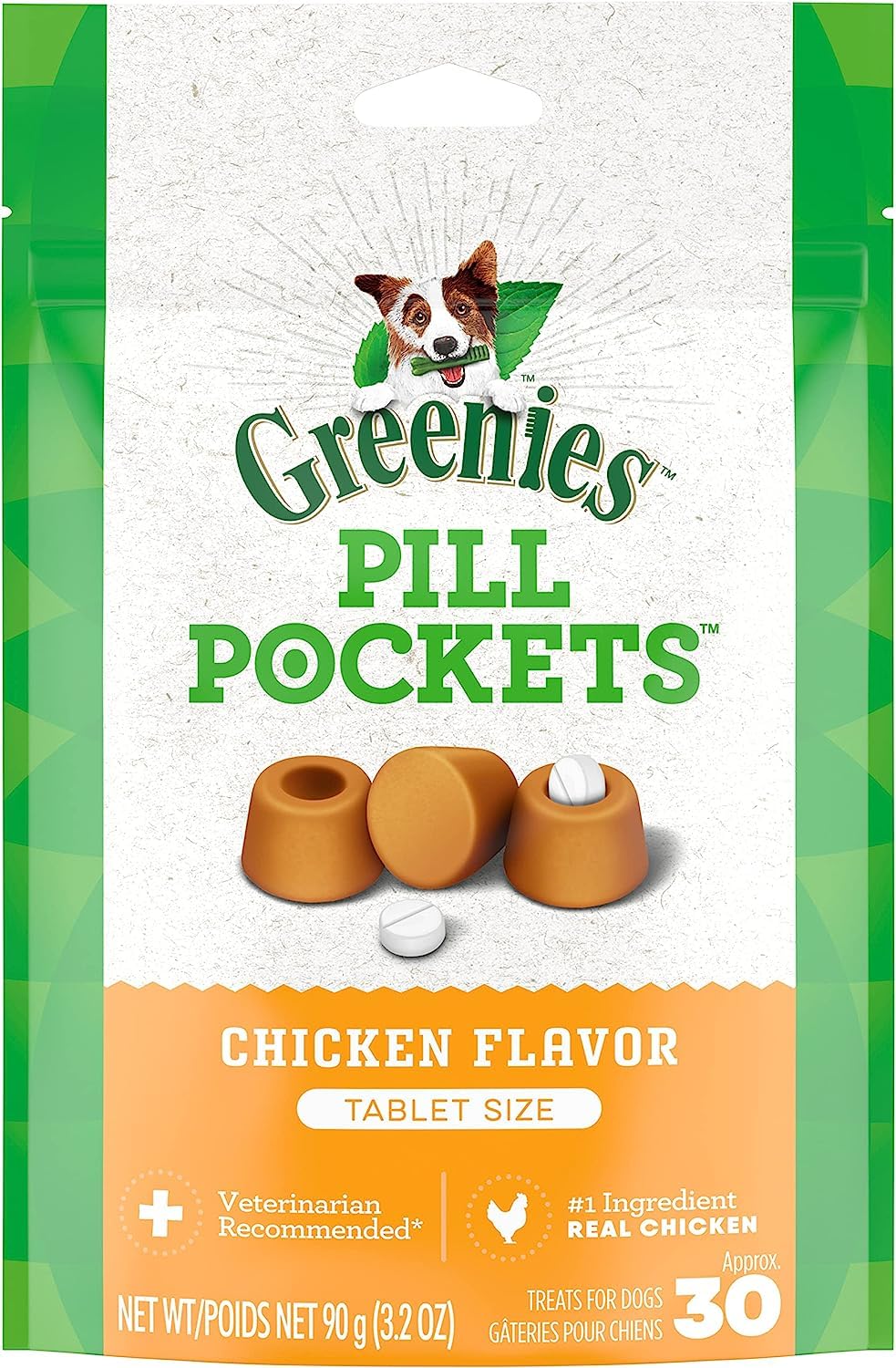 Greenies Pill Pockets chicken tablet-size packs for easy medicine administration.