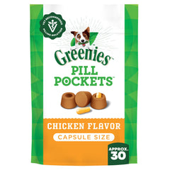 Greenies Pill Pockets large chicken-treat closeup showing tasty flavor for easier dosing.