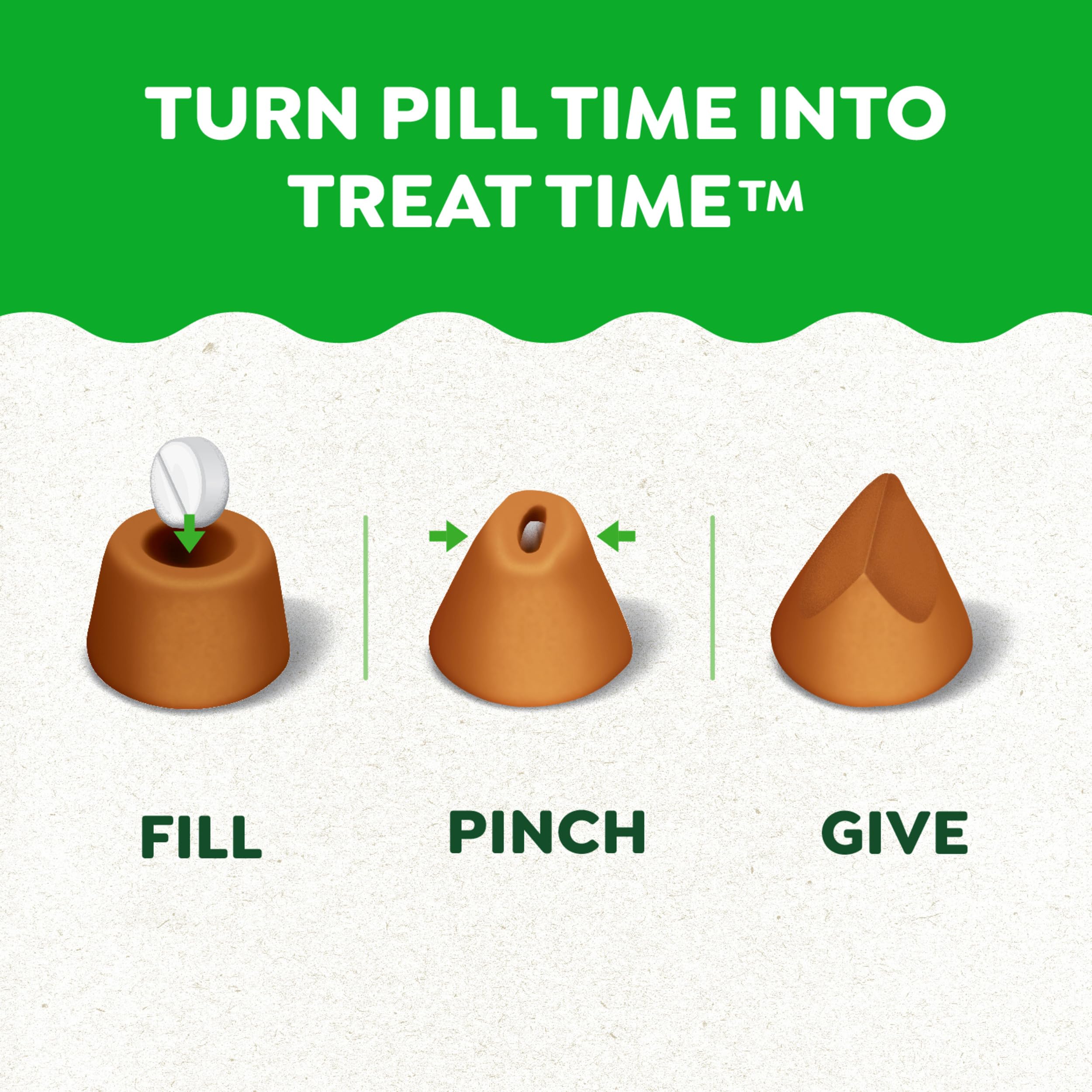 Greenies Pill Pockets large chicken-treat dispense-action demonstrates quick medication delivery.