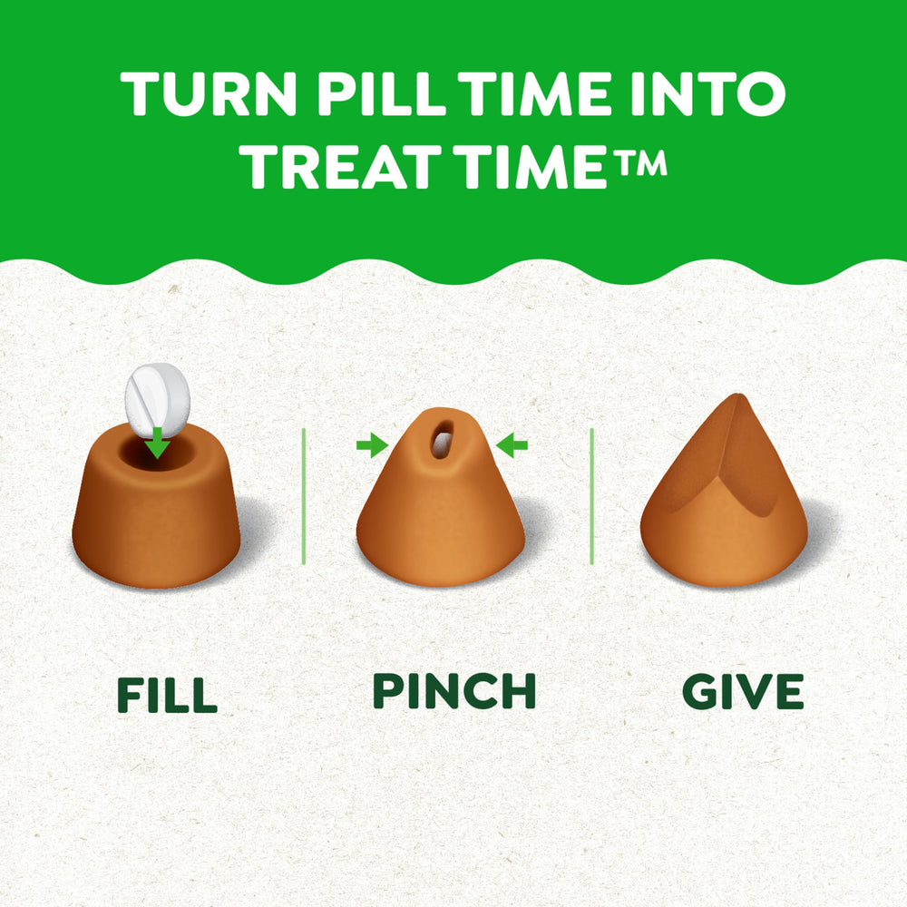 Greenies Pill Pockets large chicken-treat dispense-action demonstrates quick medication delivery.