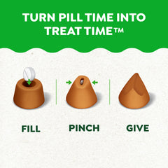 Greenies Pill Pockets large chicken-treat dispense-action demonstrates quick medication delivery.