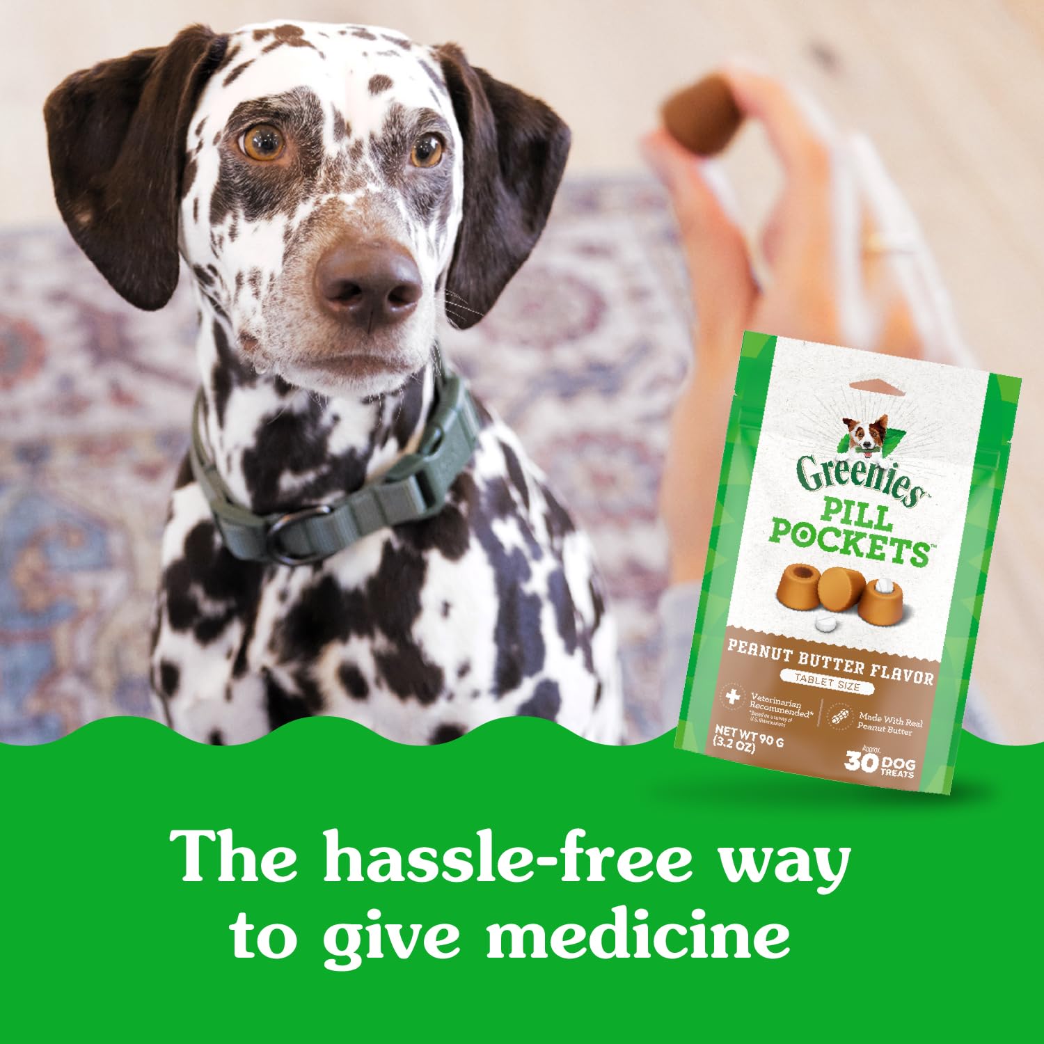 Greenies Pill Pockets medicine-inside illustrates quick, tidy administration.