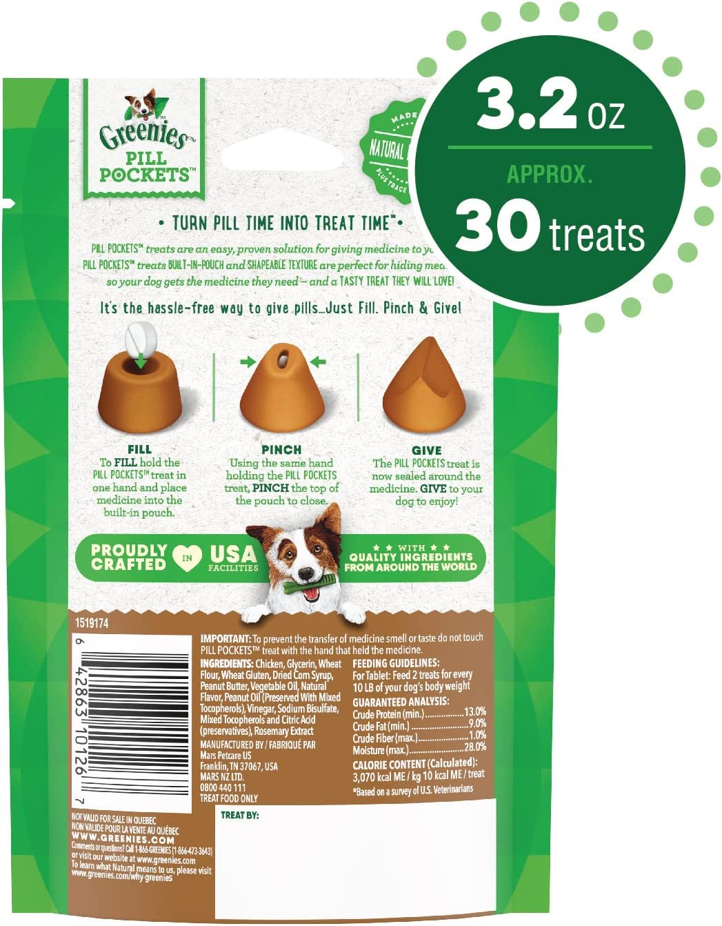Greenies Pill Pockets peanut butter flavor close-up highlights tasty disguise for medicine.