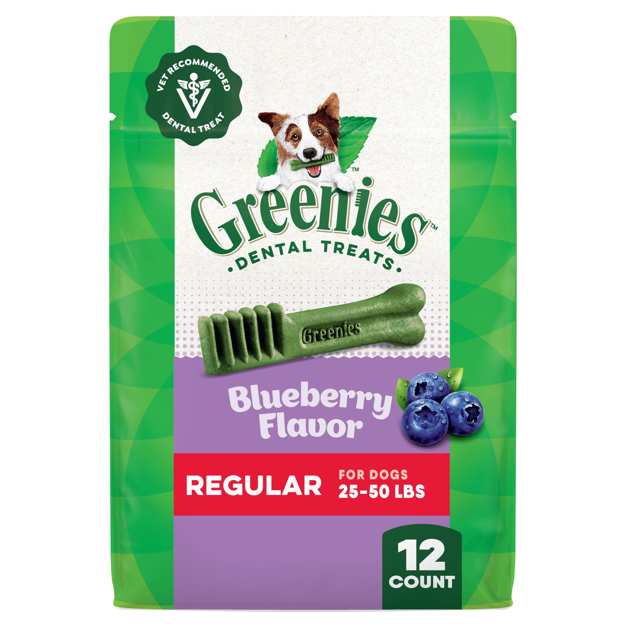 Greenies veterinarian-recommended dog dental treat pack front view supports daily oral care