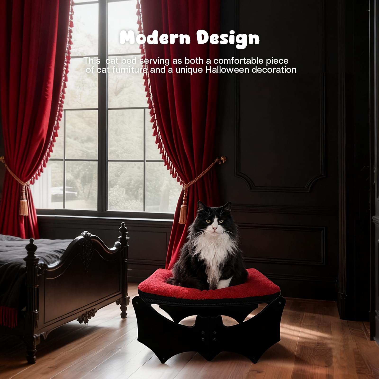 GreenPetopia Gothic Cat Bed in-room scene shows stylish addition that fits modern home decor.