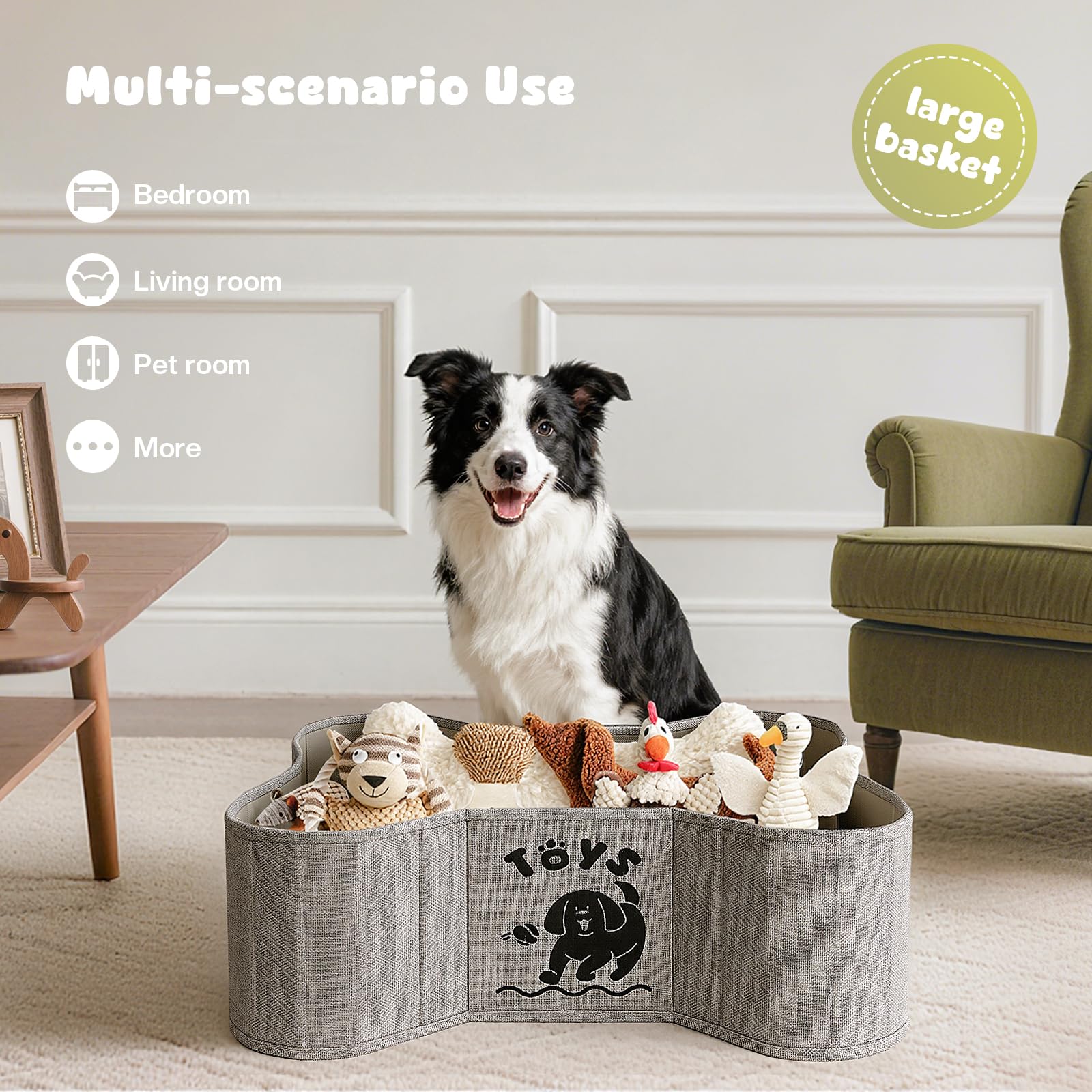 GreenPetopia gray basket decor blends with home and organizes pet items.
