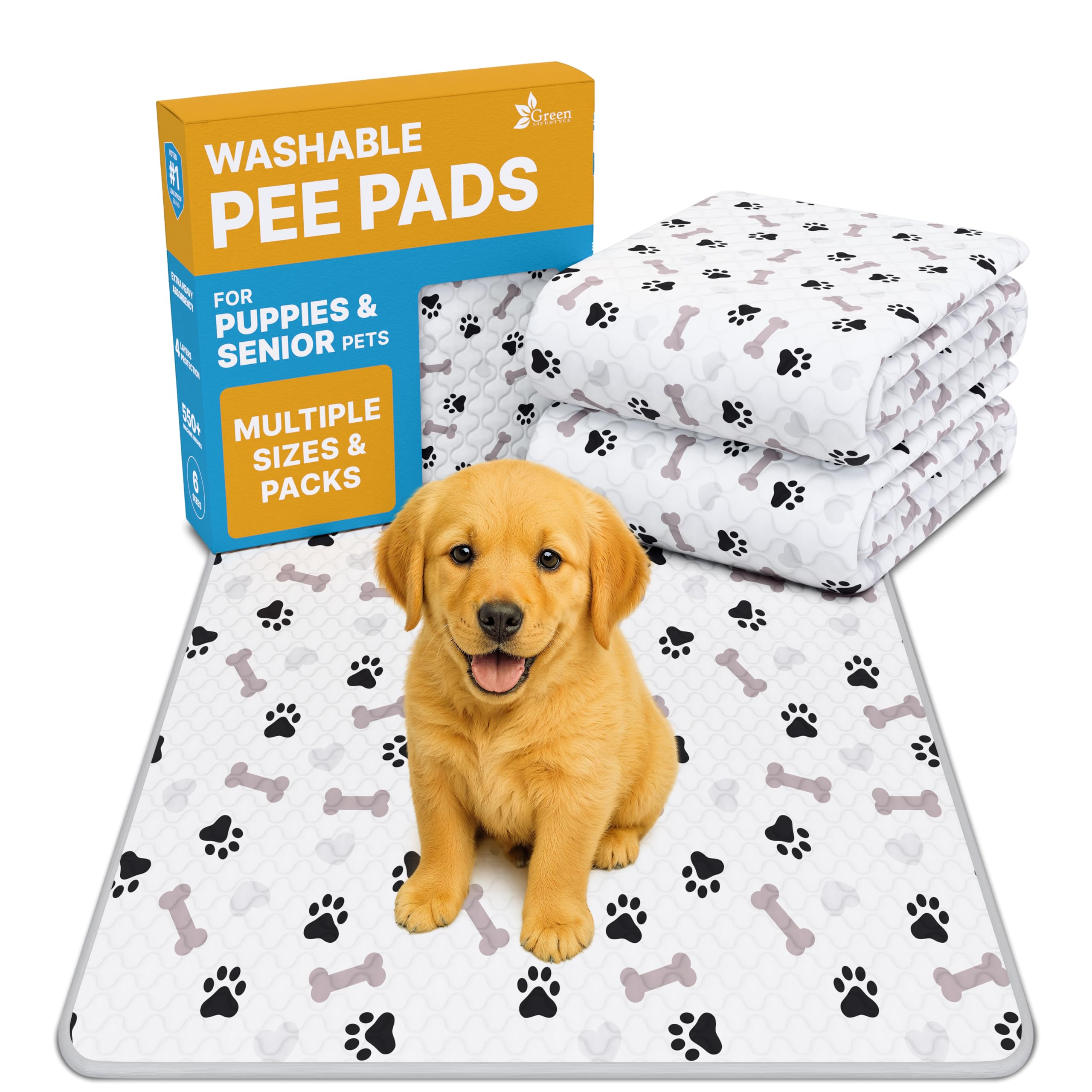 GREEN LIFESTYLE washable pee pad with waterproof backing for leak protection during house-training.