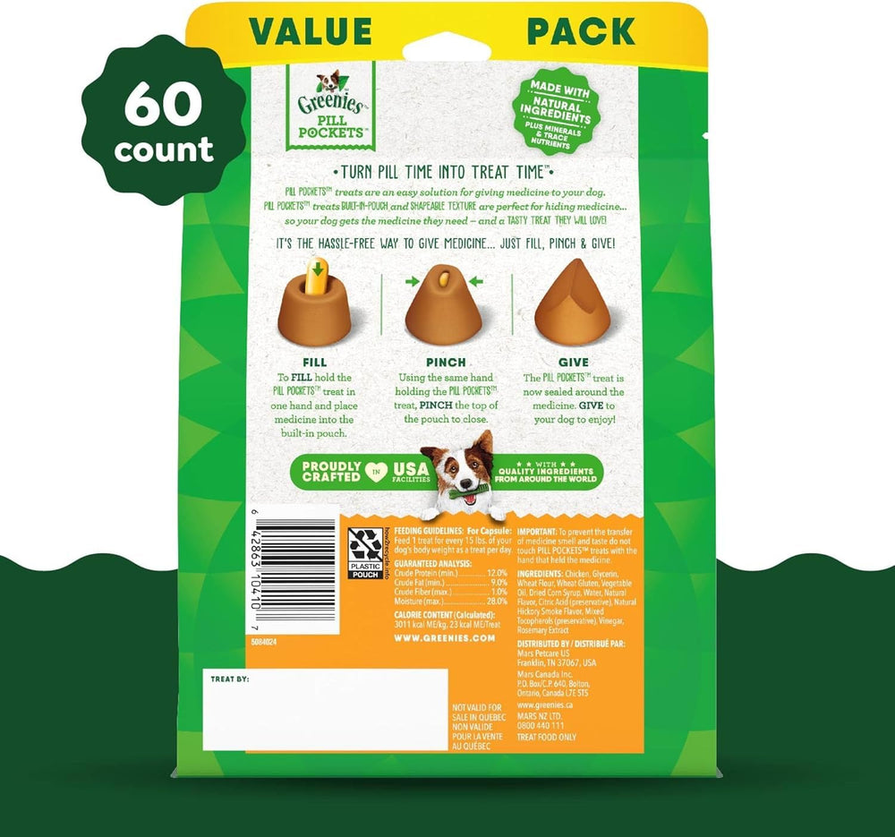 Greenies Pill Pockets chicken flavor outer bag highlighting convenient, mess-free medicine administration.
