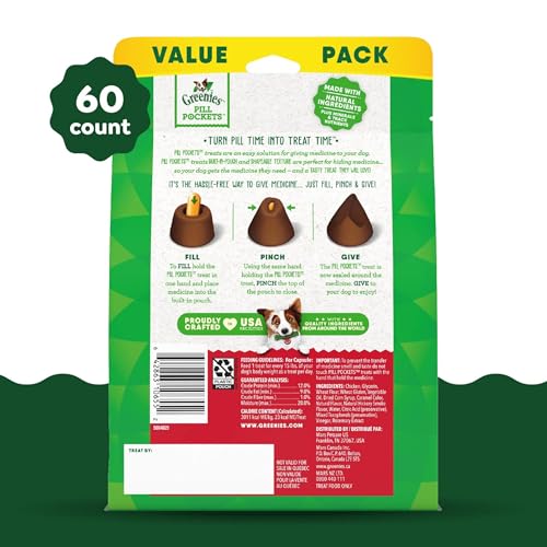 Greenies Pill Pockets large pack back—transparent label supports safe use