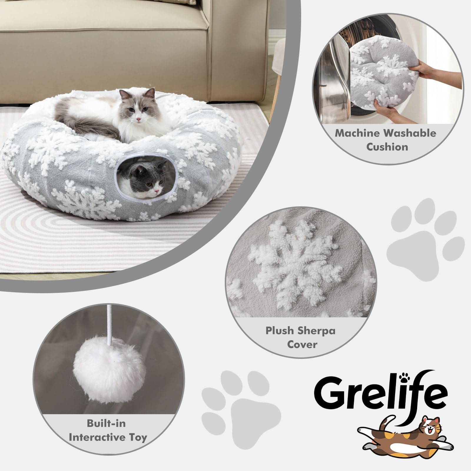 Grelife Cat Tunnel Bed adjustable shapes support versatile layouts for multi-cat homes.