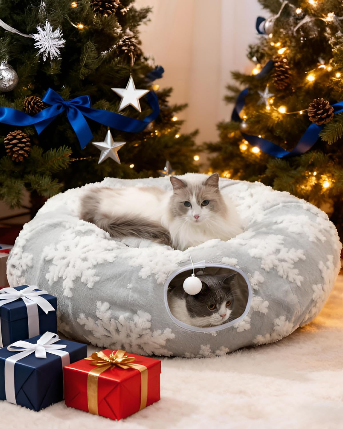 Grelife Cat Tunnel Bed front view shows a cozy plush hideaway for indoor cats.