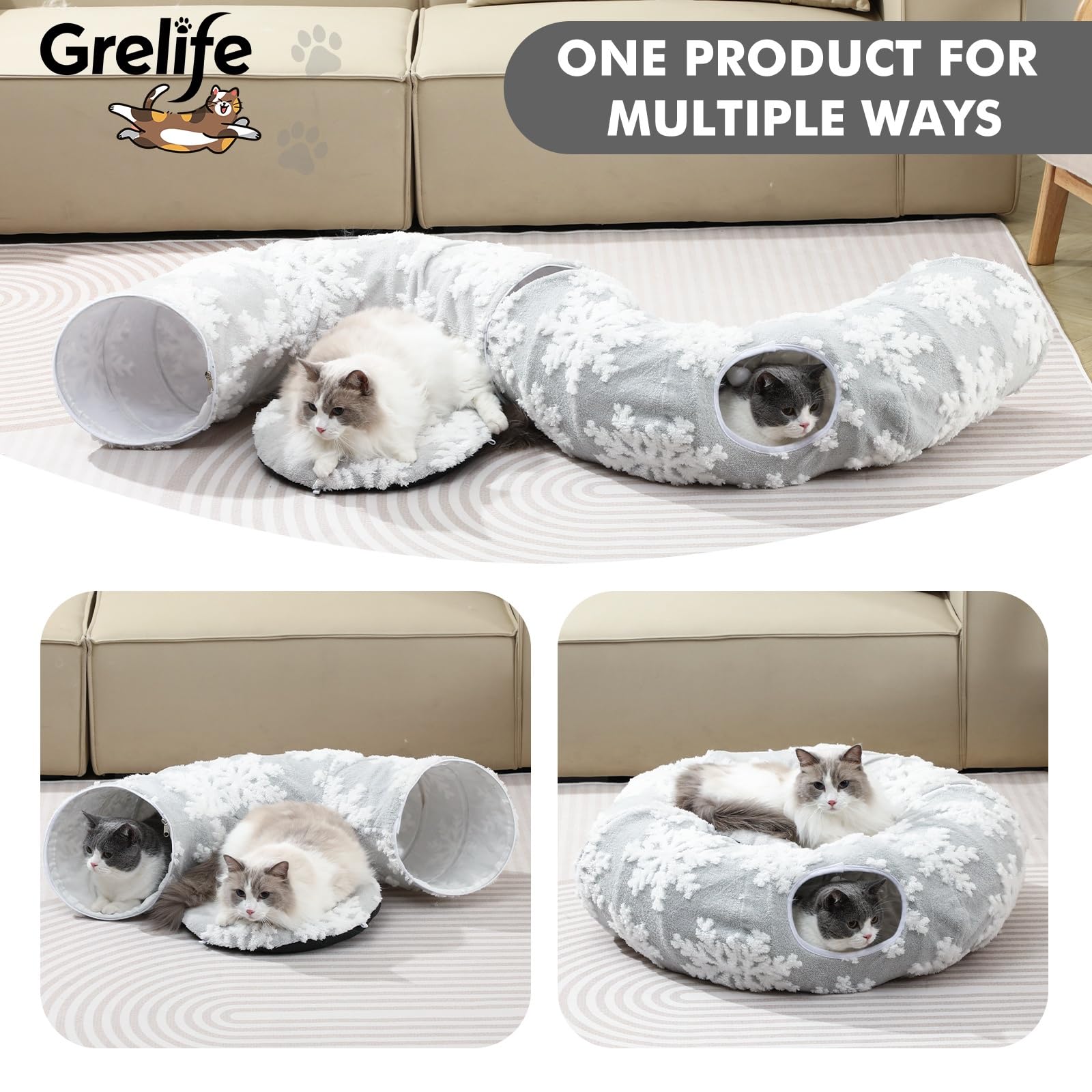 Grelife Cat Tunnel Bed non-slip base ensures stable play on smooth floors.