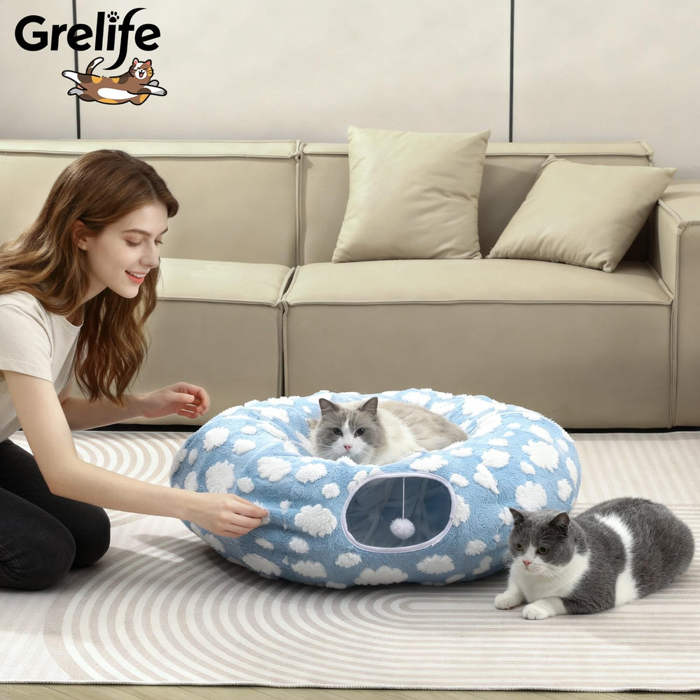 Grelife Cat Tunnel Christmas Tree Skirt detail showcases festive, washable plush texture.