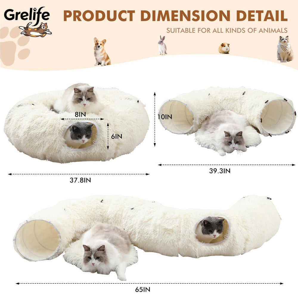 Grelife Cat Tunnel includes two dangling balls for interactive play.