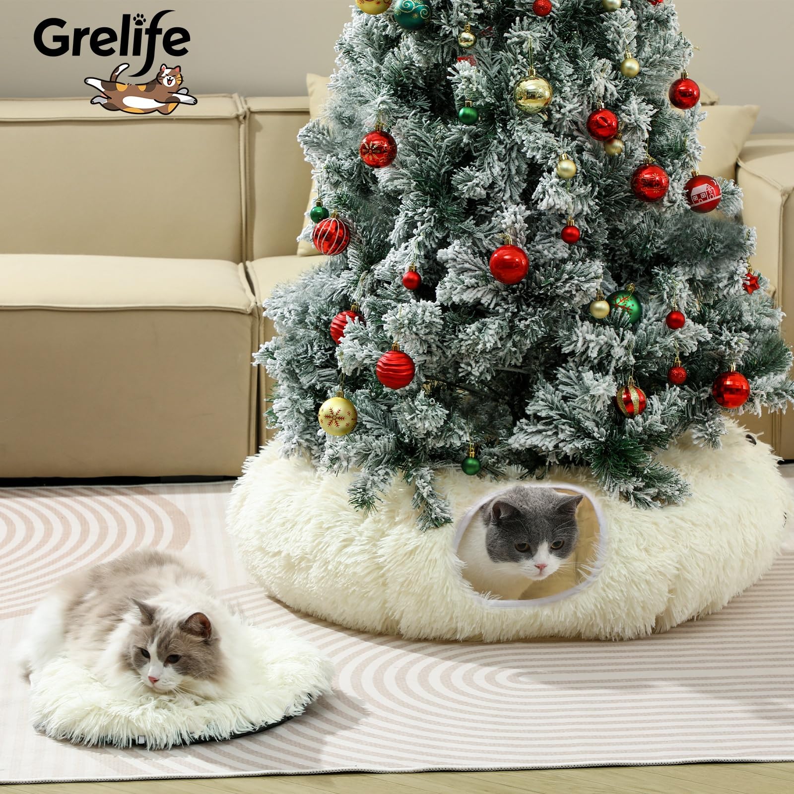 Grelife Cat Tunnel Donut Bed highlights 2-in-1 design for play and naps.
