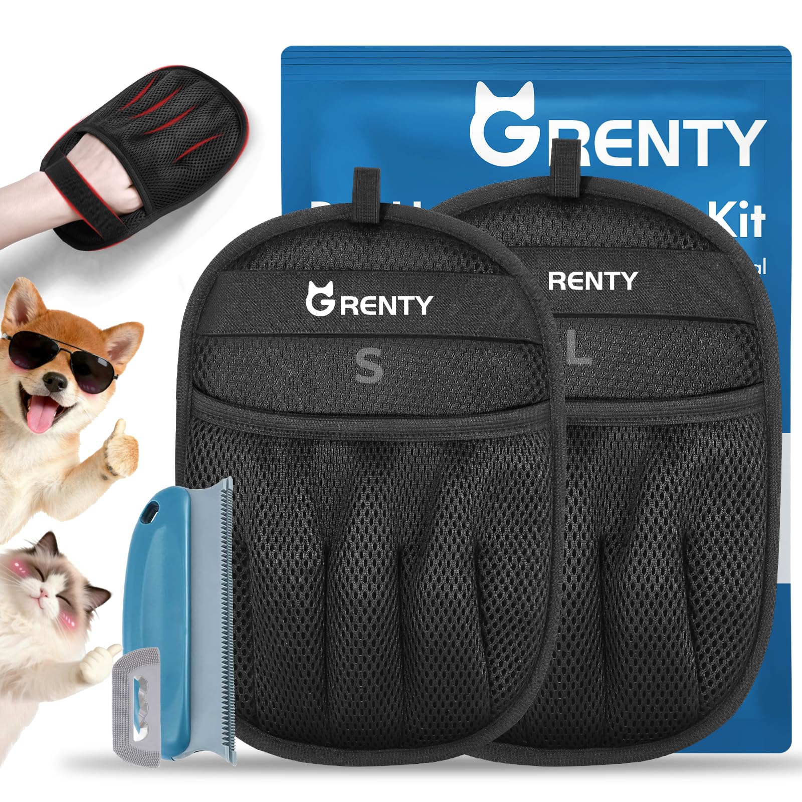 GRENTY pet hair removal glove 2-pack worn on hand, lifting sofa fur and refreshing clothing.