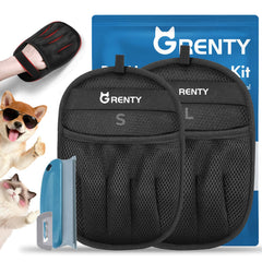 GRENTY pet hair removal glove 2-pack worn on hand, lifting sofa fur and refreshing clothing.