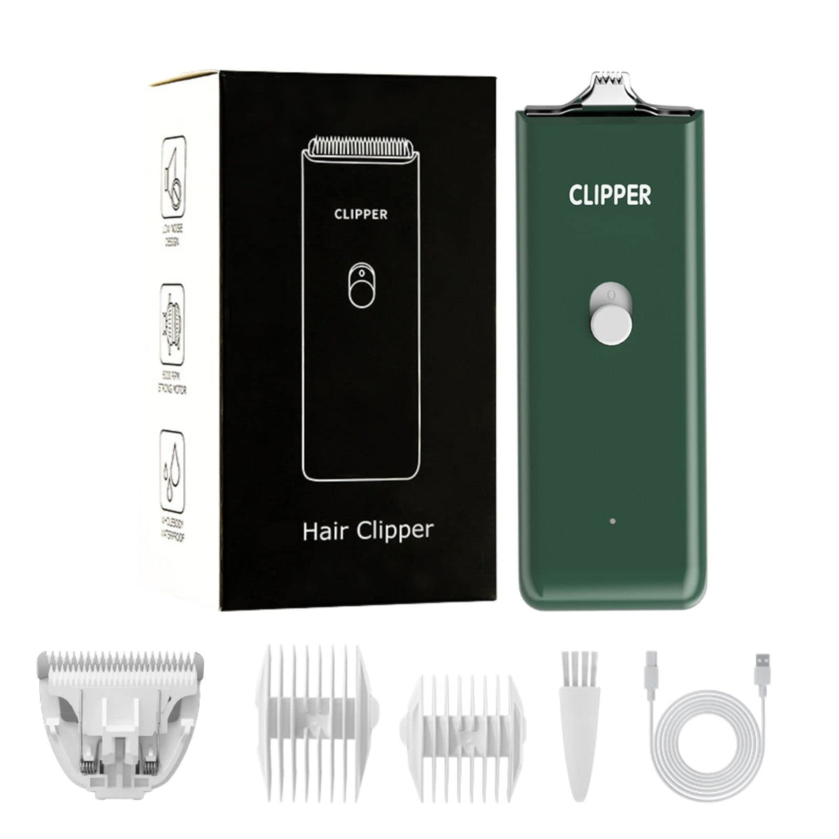 Grimgrow clipper front view highlights cordless, low-noise operation for calm home grooming.