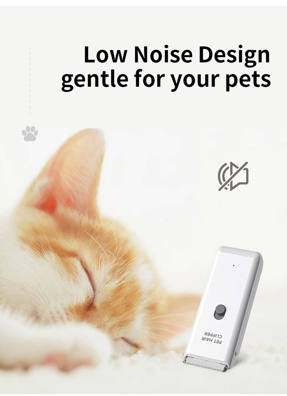 Grimgrow low-noise motor minimizes pet stress during grooming.