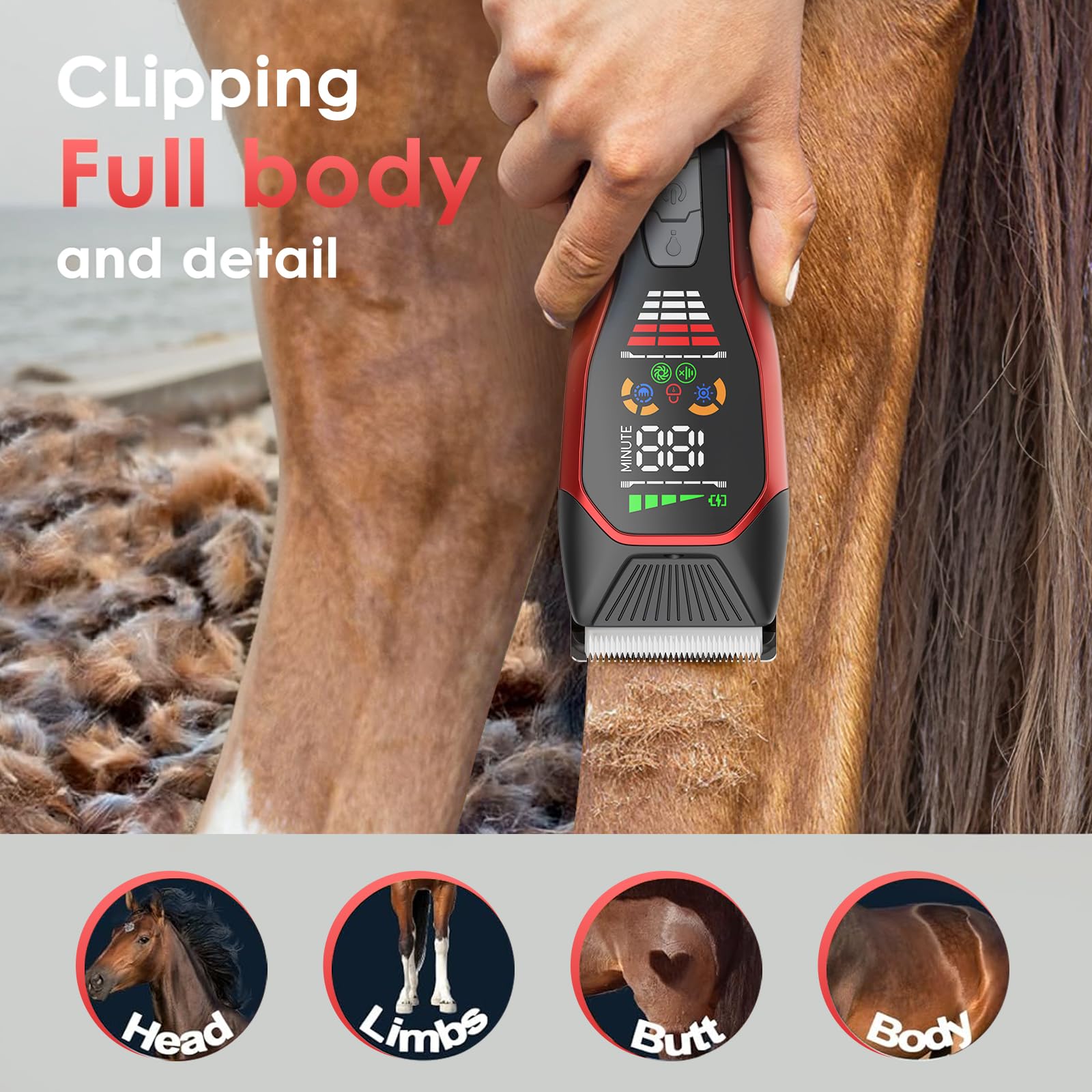 Grimgrow horse clipper LED light improves visibility during grooming.