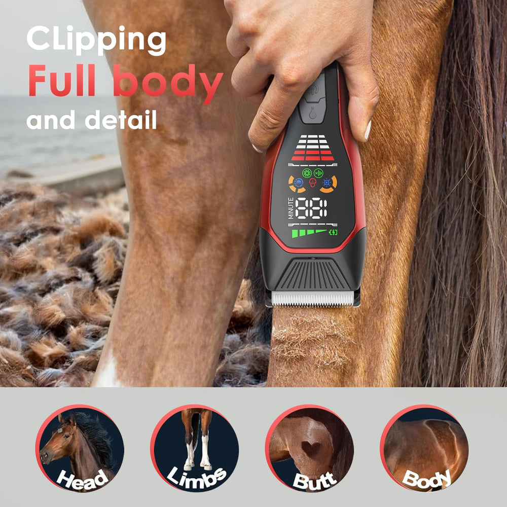 Grimgrow horse clipper LED light improves visibility during grooming.