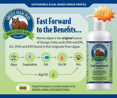 Grizzly Algal Plus Omega3-6-9 bottle closeup highlights label quality for pets.