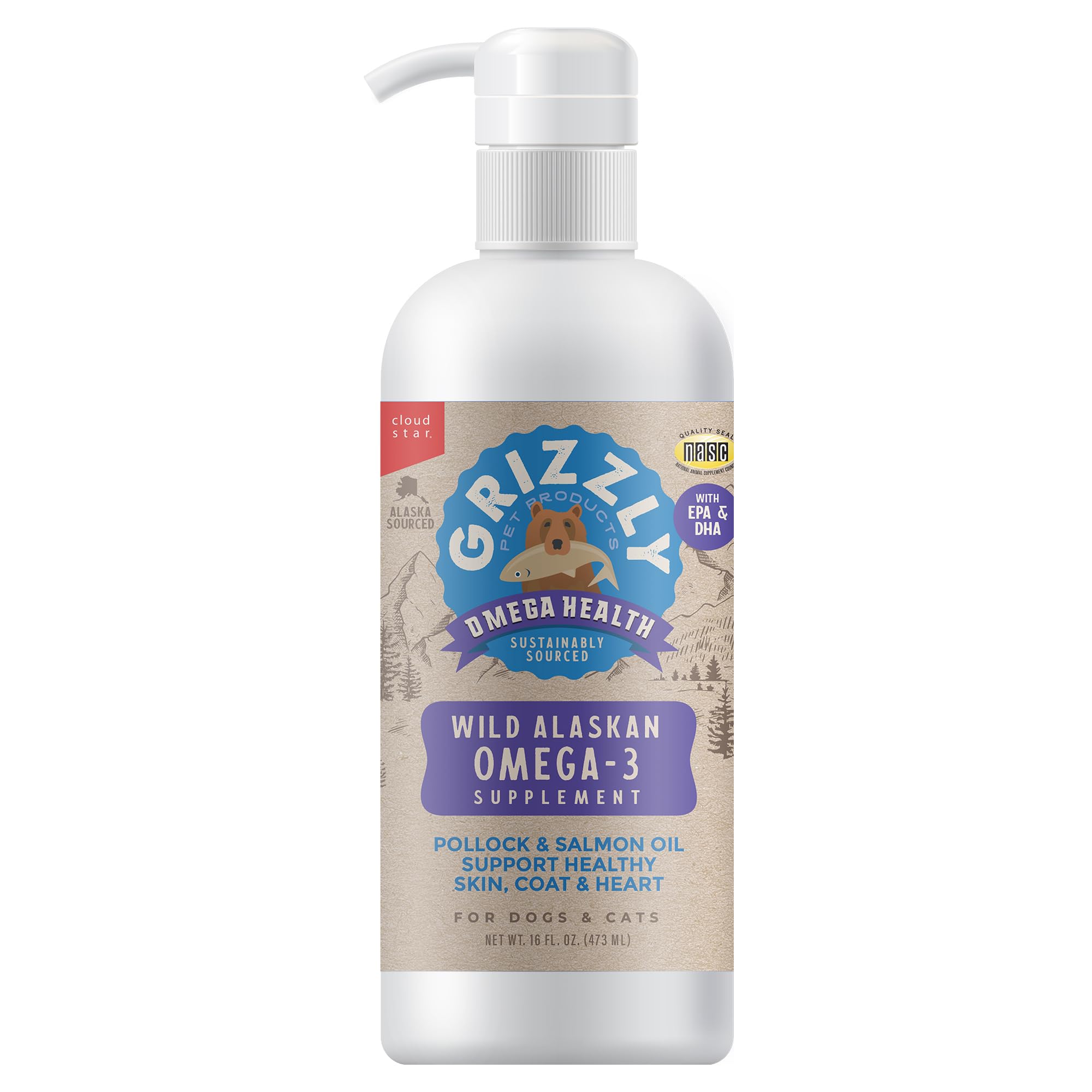 Grizzly Omega Health bottle for dogs and cats supports healthy skin and coat.