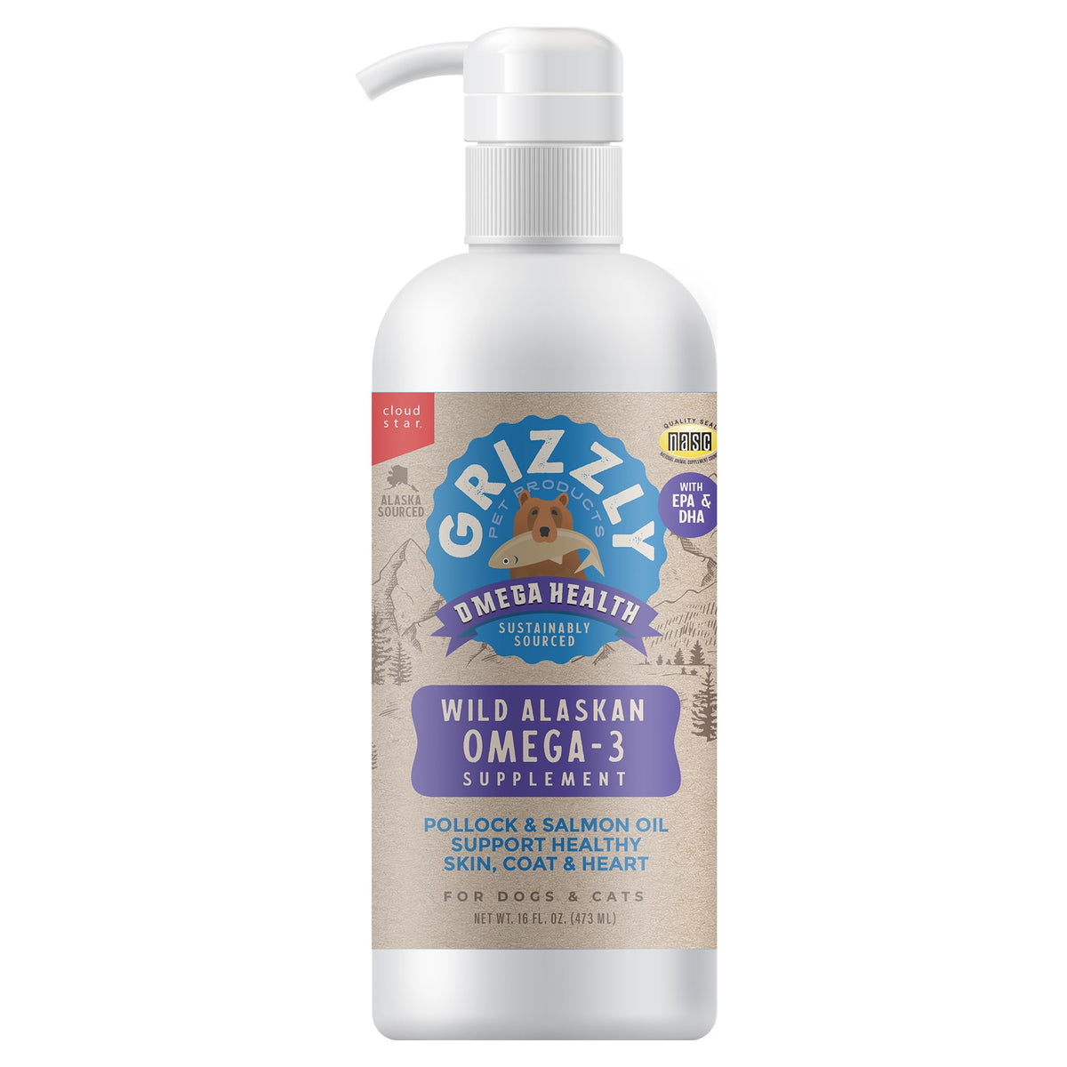 Grizzly Omega Health bottle for dogs and cats supports healthy skin and coat.