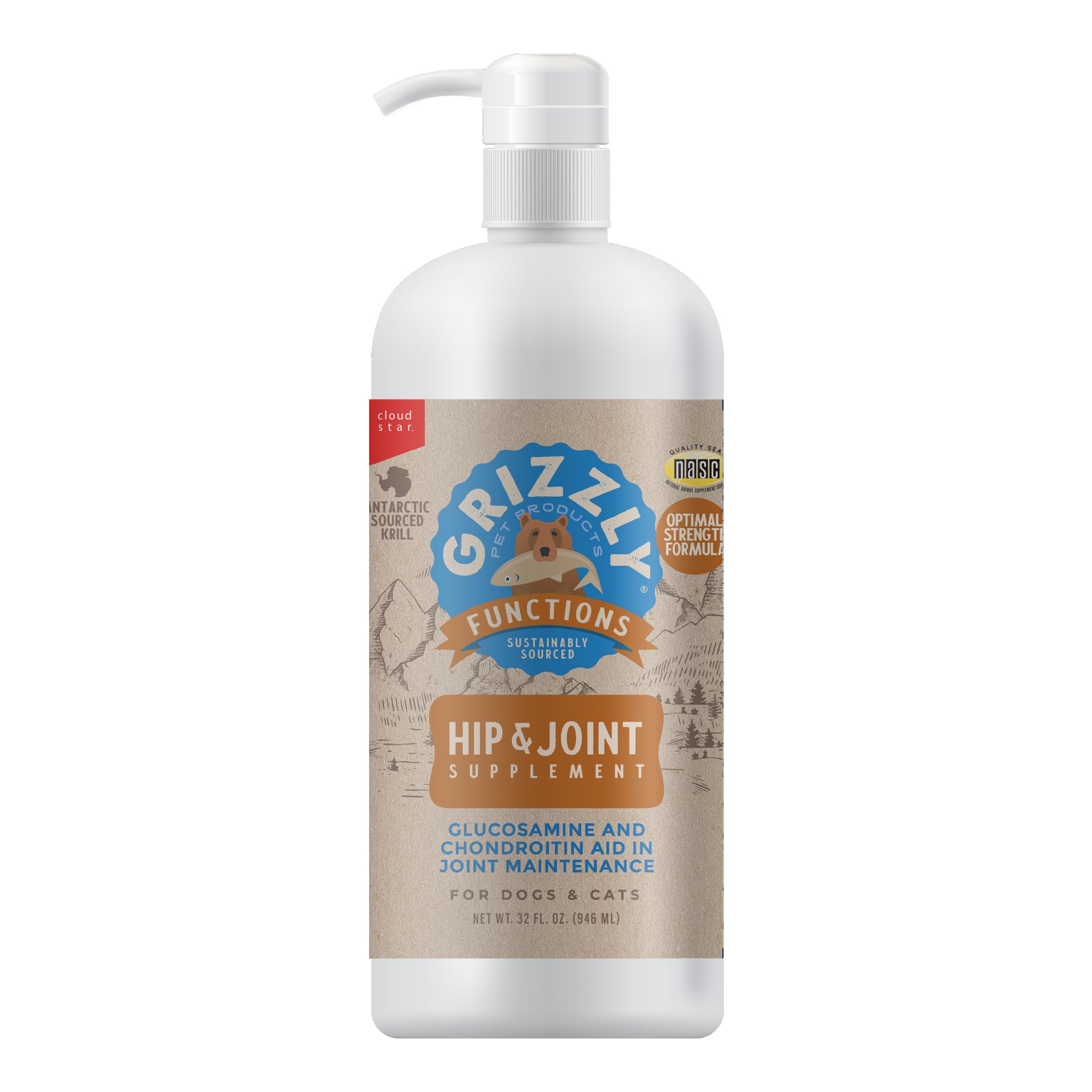 Grizzly Joint Aid Liquid bottle front showing hip support for mobility in pets