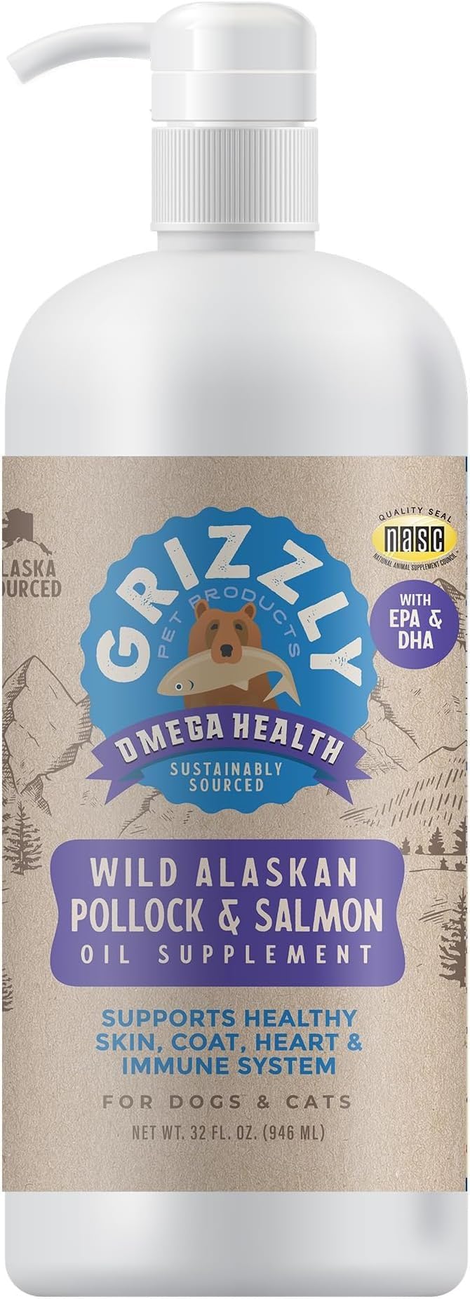Grizzly Omega Health bottle front with easy-pour cap for pets