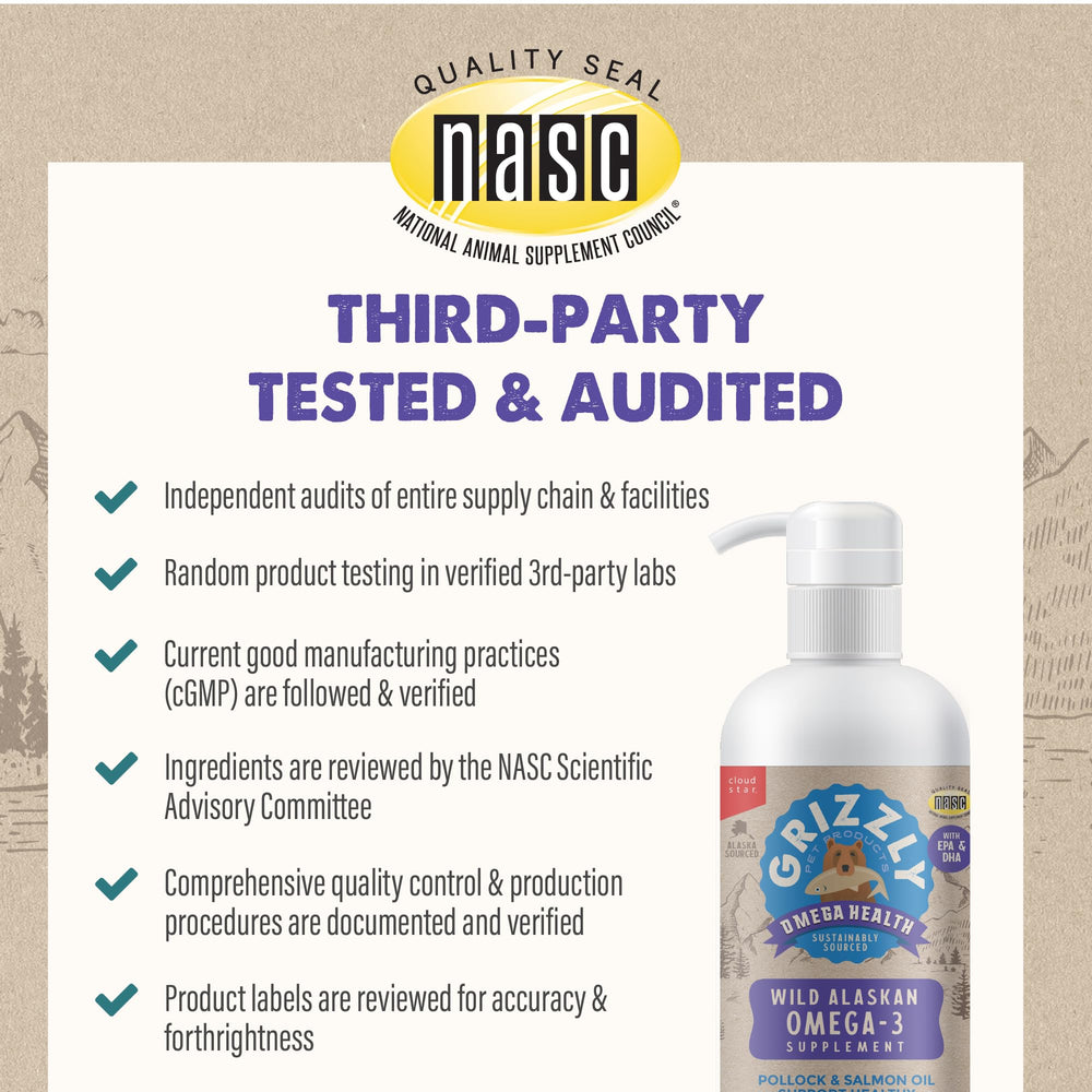 Grizzly Omega Health bottle beside dosage guide for pet dosing