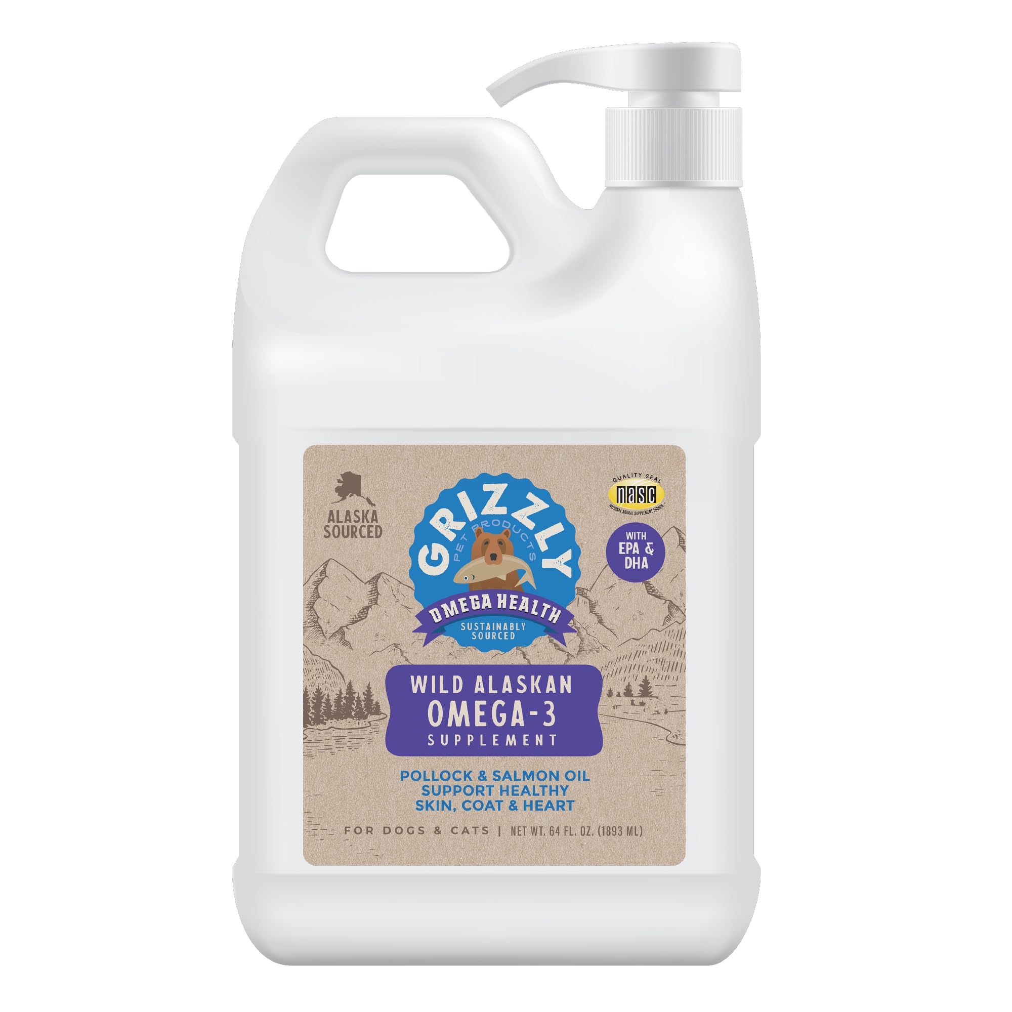Grizzly Omega Health Liquid bottle pour demonstrates easy dosing for pets
