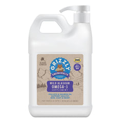 Grizzly Omega Health Liquid bottle pour demonstrates easy dosing for pets