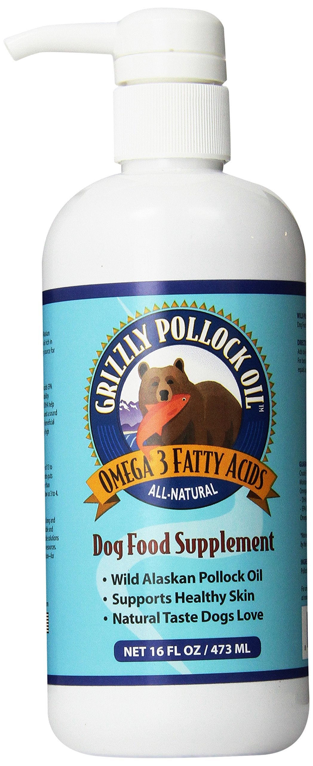 Grizzly Pollock Oil dog bottle promotes healthy skin and coat.