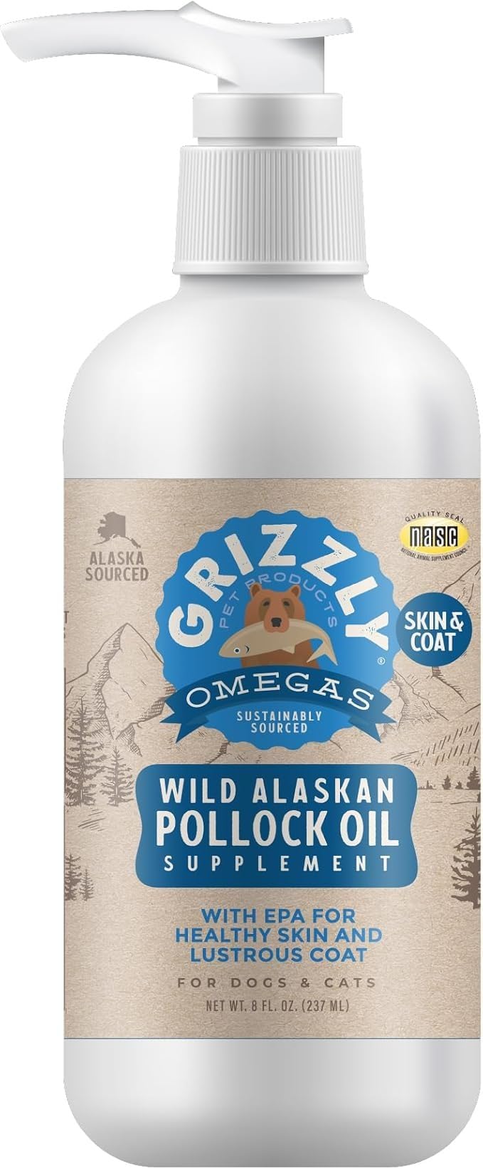 Grizzly Pollock Oil pump-over-food bottle ready to top meals for coat and joint support.