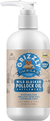 Grizzly Pollock Oil pump-over-food bottle ready to top meals for coat and joint support.