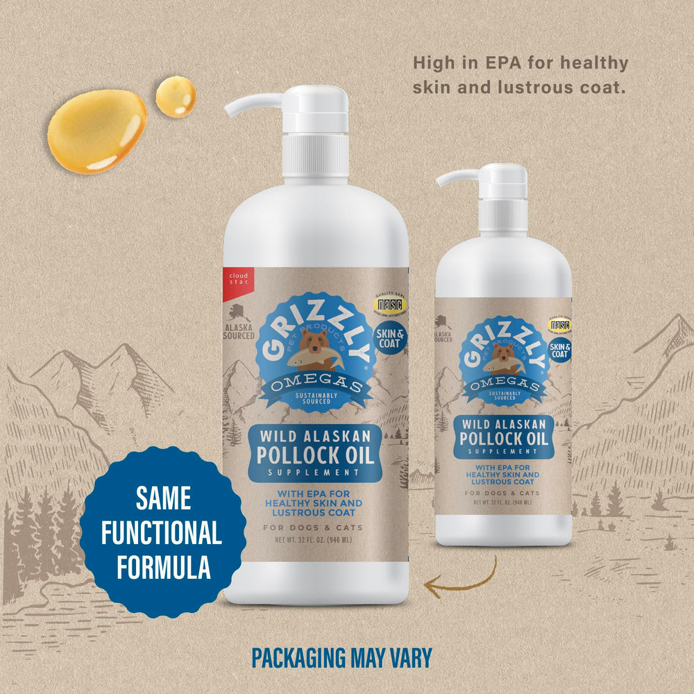 Grizzly Pollock Oil with Wild Alaskan Pollock bottle emphasizes sustainable sourcing and Omega-3 benefits.