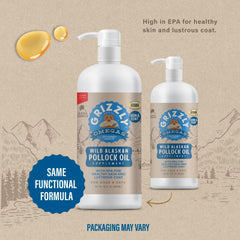 Grizzly Pollock Oil with Wild Alaskan Pollock bottle emphasizes sustainable sourcing and Omega-3 benefits.