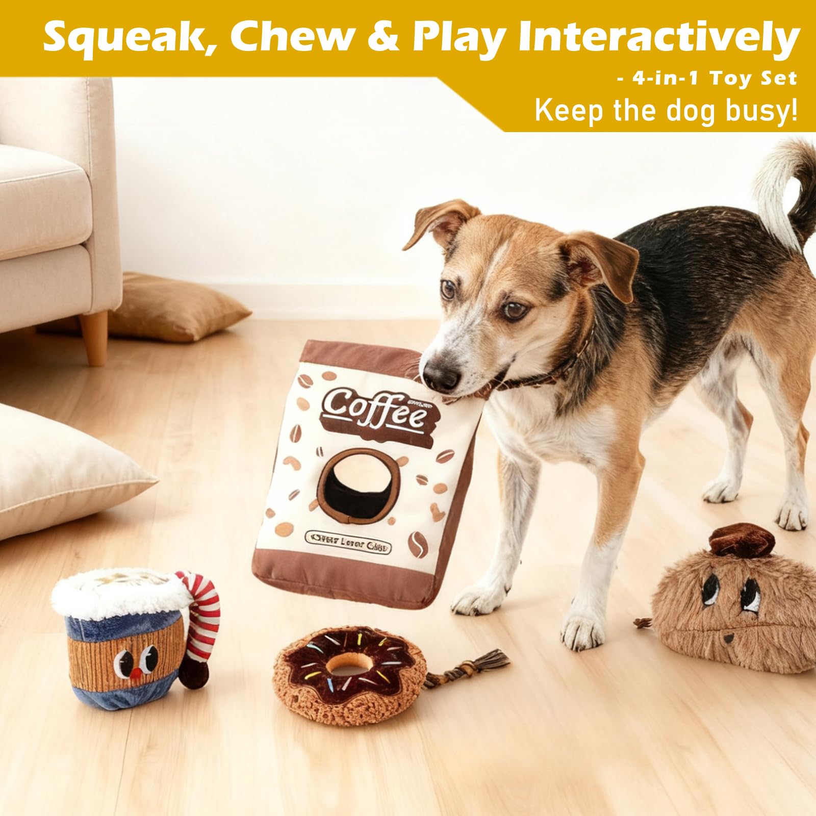 Grnstf coffee bag set bean toy close-up promotes interactive fetch and chew